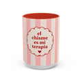 El Chisme Es Mi Terapia Accent Coffee Mug 15 oz — Spanish Gossip Quote, Pink Stripe