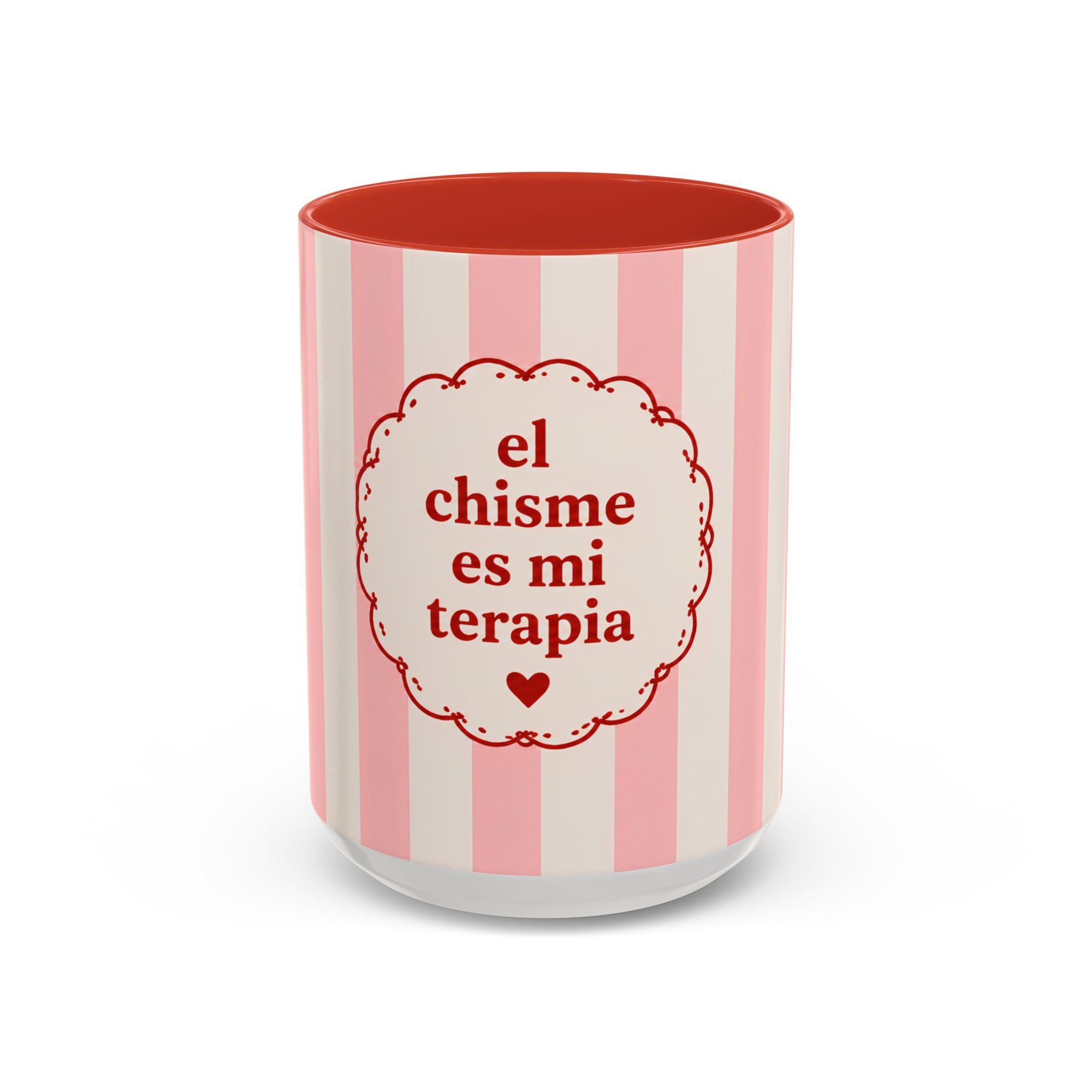 El Chisme Es Mi Terapia Accent Coffee Mug 15 oz — Spanish Gossip Quote, Pink Stripe