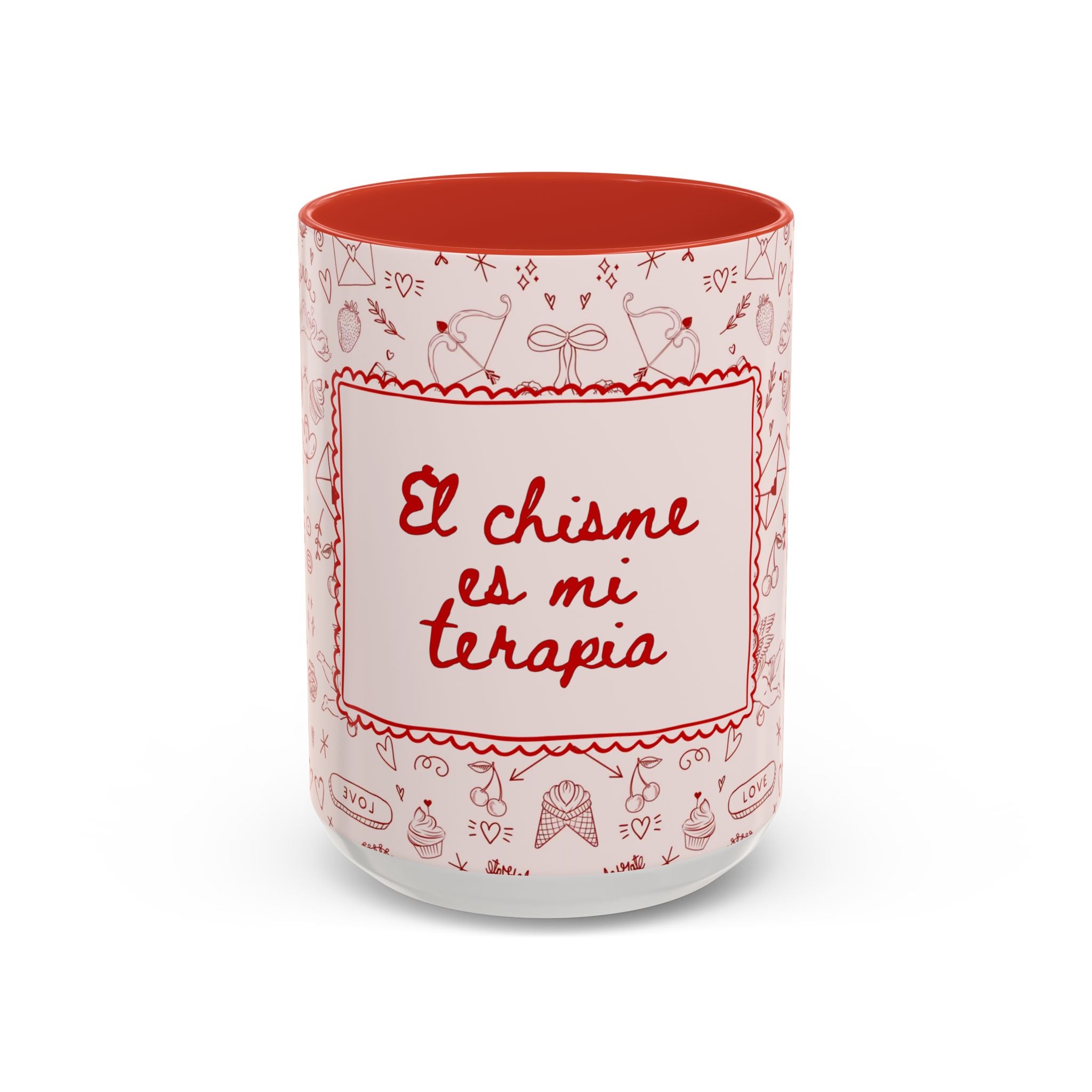 Copy of El Chisme Es Mi Terapia Accent Coffee Mug 15 oz — Spanish Gossip Quote, Pink Stripe