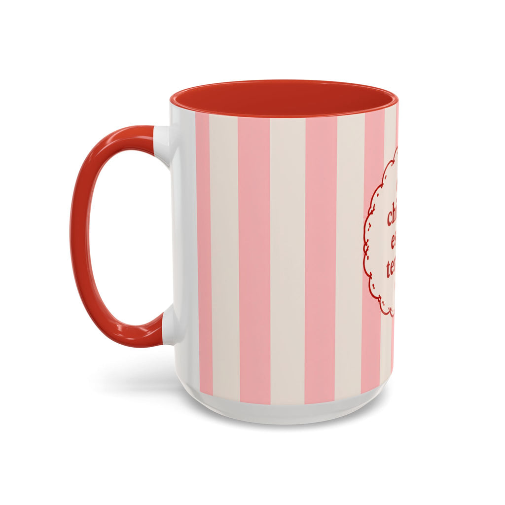 El Chisme Es Mi Terapia Accent Coffee Mug 15 oz — Spanish Gossip Quote, Pink Stripe